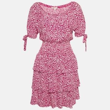 مملوكة مسبقًا Maje Red Animal Printed Crepe Tiered Off-Shoulder Mini Dress S