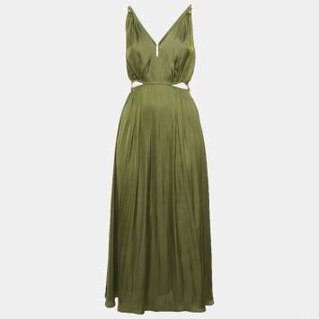 مملوكة مسبقًا Maje Olive Green Satin Rune Cutout Midi Dress S