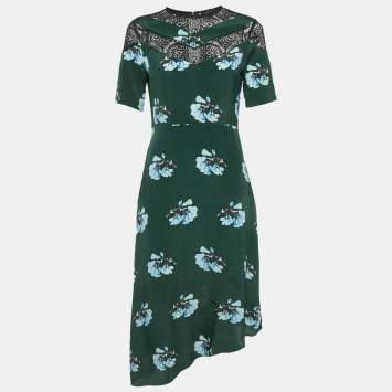 Pre Owned Maje Green Floral Print Lace Trim Crepe Asymmetric Midi Dress S