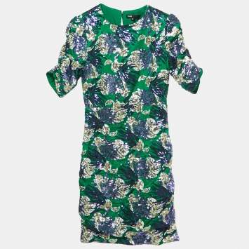 Pre Owned فستان قصير من الساتان المطرز بالترتر الأخضر من ماج مقاس صغير