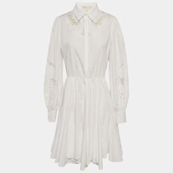 Pre Owned Maje White Cotton Guipure Detail Flared Mini Dress M