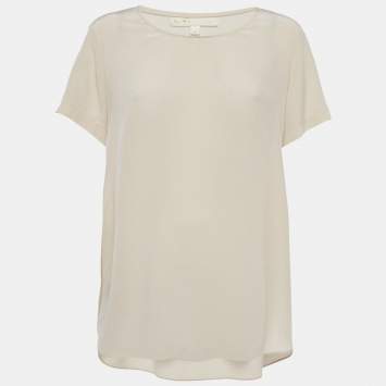 مملوكة مسبقًا بلوزة ماج حرير بيج بياقة مستديرة مقاس كبير - لارج