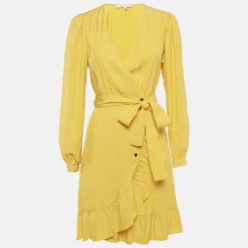 Pre Owned Maje Yellow Jacquard Roseya Ruffled Wrap Dress S