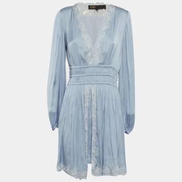 Pre Owned Maje Blue Embroidered Satin Puff Sleeve Mini Dress M