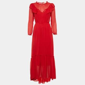Pre Owned Maje Red Chiffon Ruffle Maxi Dress S