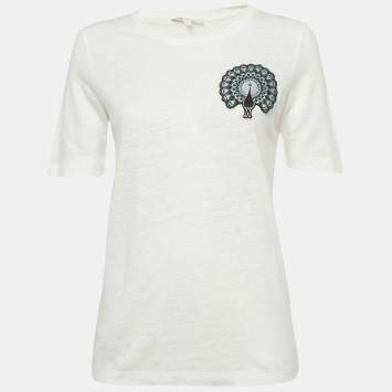 Pre Owned قميص ماج أبيض قطني مع تفاصيل رقعة الطاووس مقاس صغير - سمول