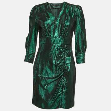 Pre Owned Maje Green Herringbone Lurex Frilled Mini Dress L