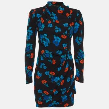 Pre Owned Maje Black Floral Printed Crepe Mini Dress S