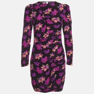 Pre Owned Maje Black & Purple Floral Printed Crepe Mini Dress S