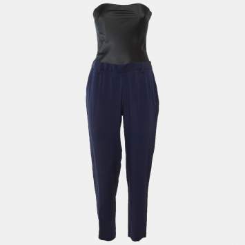 Pre Owned Maje Navy Blue/Black Crepe & Satin Strapless Jumpsuit S