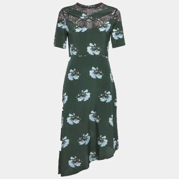 Pre Owned فستان قصير ميني ماج بتفاصيل دانتيل وطبعة زهور باللون الأخضر من الحرير مقاس صغير