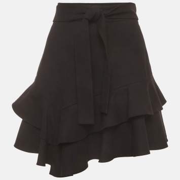 Pre Owned Maje Black Wool Blend Asymmetric Ruffled Mini Skirt L