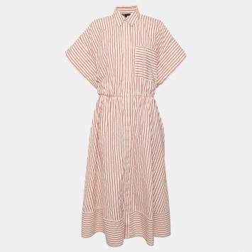 Pre Owned Maje Pink/White Rhinestone Embellished Cotton Blend Revana Drawstring Sleeve Midi Dress M