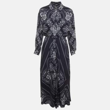 Pre Owned Maje Navy Blue Bandana Print Crepe Maxi Shirt Dress S