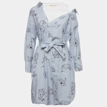 Pre Owned Maje Blue Striped Paris Print Poplin Rasane Shirt Dress S