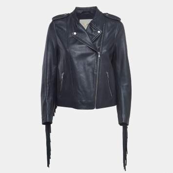 Pre Owned Maje Midnight Blue Lamb Leather Fringed Biker Jacket L