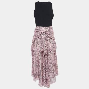 Pre Owned Maje Black/Rose Paisley Print Crepe Asymmetric Midi Dress M