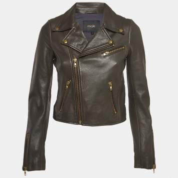 Pre Owned Maje Brown Leather Zipper Biker Jacket S