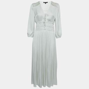 Pre Owned Maje Cream Satin Tie-Up Neck Gathered Midi Dress M