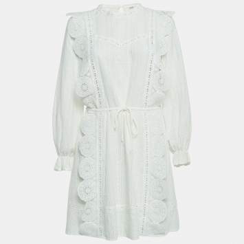 Pre Owned Maje White Ravia Cotton Lace Long Sleeve Mini Dress M