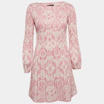 Pre Owned Maje White/Pink Printed Pleated Mini Dress XS