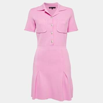 Pre Owned Maje Pink Knit Button-Detail Pleated Mini Dress m