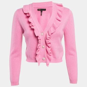 Maje Pink Rib Knit Molantti Frill Detail Cardigan S