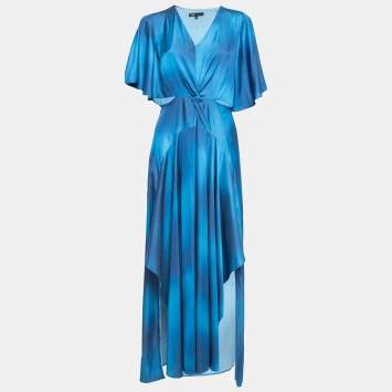 Pre Owned Maje Blue Ombre Satin Cut-Out Asymmetric Midi Dress L