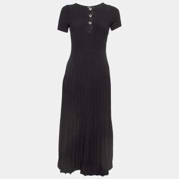 Pre Owned Maje Black Pleated Knit Cut-Out Detail Midi Dress L