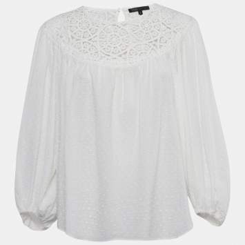 Pre Owned Maje White Textured Cotton Crochet Yoke Detail Blouse M