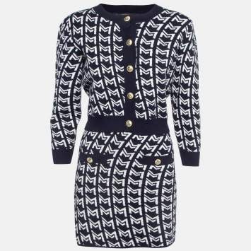 Pre Owned Maje Navy Blue/White Monogram Knit Cardigan and Mini Skirt Set S/XS