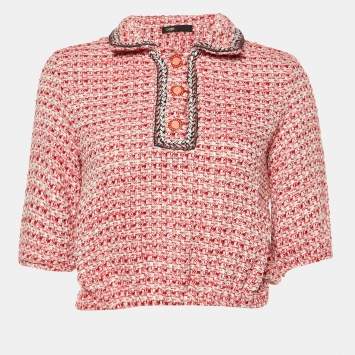 Pre Owned Maje Red Tweed Polo Cropped Shirt M