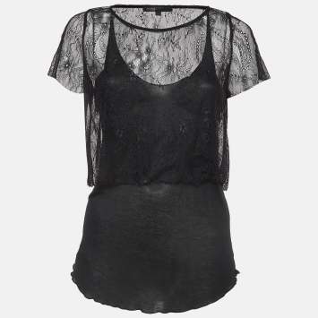 Pre Owned Maje Black Patterned Lace and Knit Layered Top L