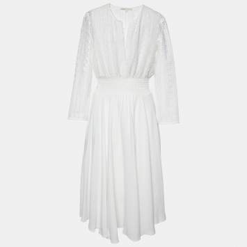 Pre Owned Maje White Lace & Crepe Flared Midi Dress S