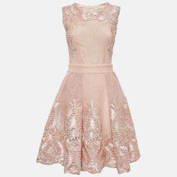 Pre Owned Maje Pink Nude Floral Embroidered Mesh Short Dress S