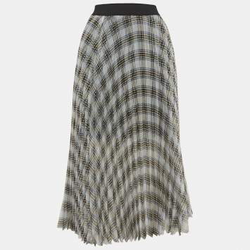 Pre Owned Maje White/Black Checked Chiffon Midi Skirt M