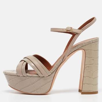 Pre Owned Malone Souliers Grey Croc Embossed Leather Mila Platform Sandals Size 39