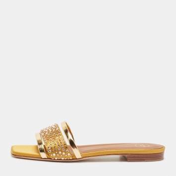Pre Owned Malone Souliers Gold Leather Satin Rosa Flat Sandals Size 36.5