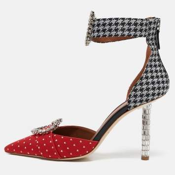 Pre Owned Malone Souliers Red/Black Canvas Camille Ankle Strap Pumps Size 38