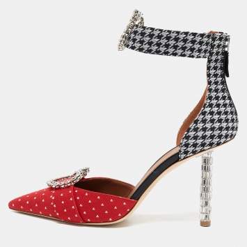 Pre Owned Malone Souliers Red/Black Canvas Camille Ankle Strap Pumps Size 39