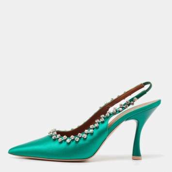 Pre Owned Malone Souliers Green Satin Giselle Slingback Pumps Size 40.5