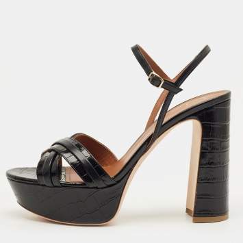 Pre Owned Malone Souliers Black Croc Embossed Leather Mila Platform Sandals Size 42