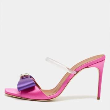 Pre Owned Malone Souliers Pink/Purple Satin Emily Bow Slide Sandals Size 38