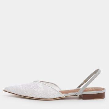 Pre Owned Malone Souliers White Lace Marla Slingback Flats Size 39