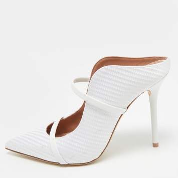 Pre Owned Malone Souliers Maureen Size 39 White Jacquard and Leather Mules