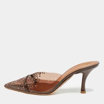Pre Owned Malone Souliers Joella Size 39 Brown/Dark Brown Patent Leather and PVC Crystal Embellished Mules