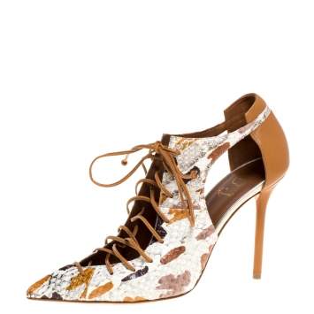 Pre Owned Malone Souliers Brown/White Python Leather Montana Pointed Toe Lace Up Pumps Size 40