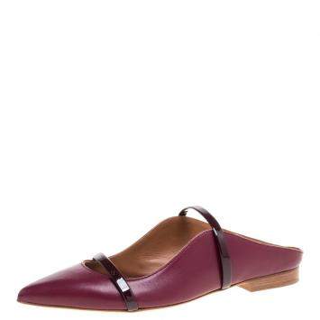 Pre Owned Malone Souliers Burgundy Leather and Patent Leather Trim Maureen Pointed Toe Flats Size 35