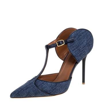 Pre Owned Malone Souliers Blue Canvas And Leather Trim Imogen Pumps Size 40