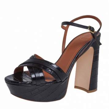 Pre Owned Malone Souliers Black Croc Embossed Leather Mila Ankle Strap Sandals Size 38